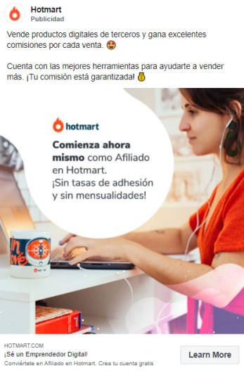 Imagen de un anuncio de Hotmart con CTA incluido