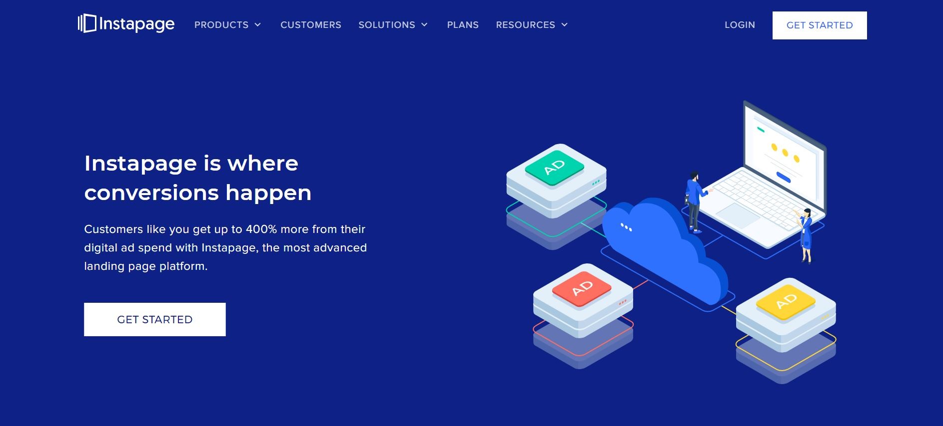 La home de uno de los sitios web para crear una landing page, en este caso Instapage.
