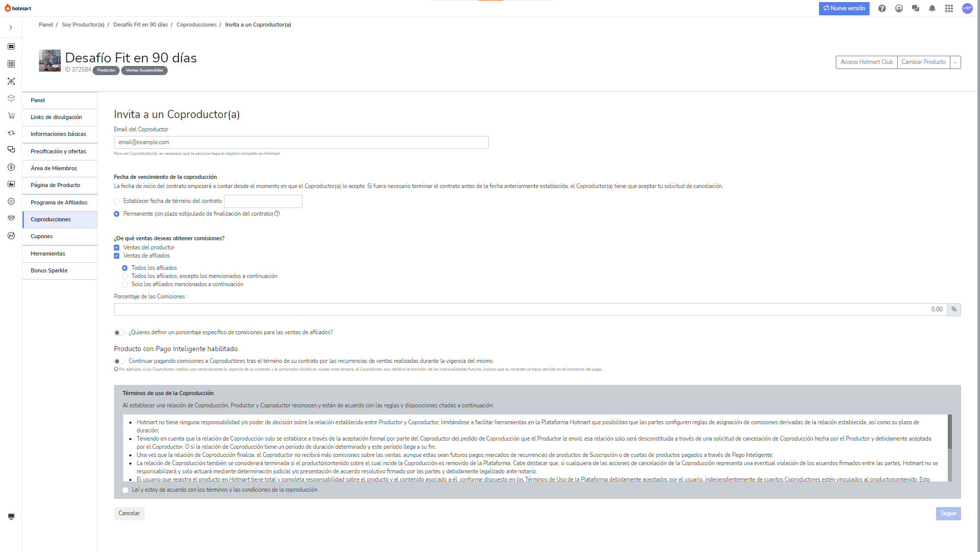 Imagen del formulario de invitación como coproductor Hotmart.