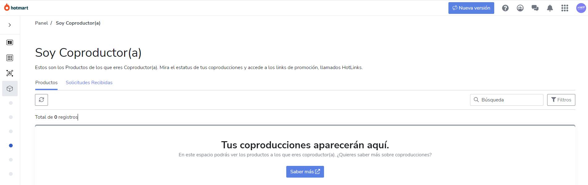 Imagen del menú de los productos digitales creados como coproductor Hotmart.